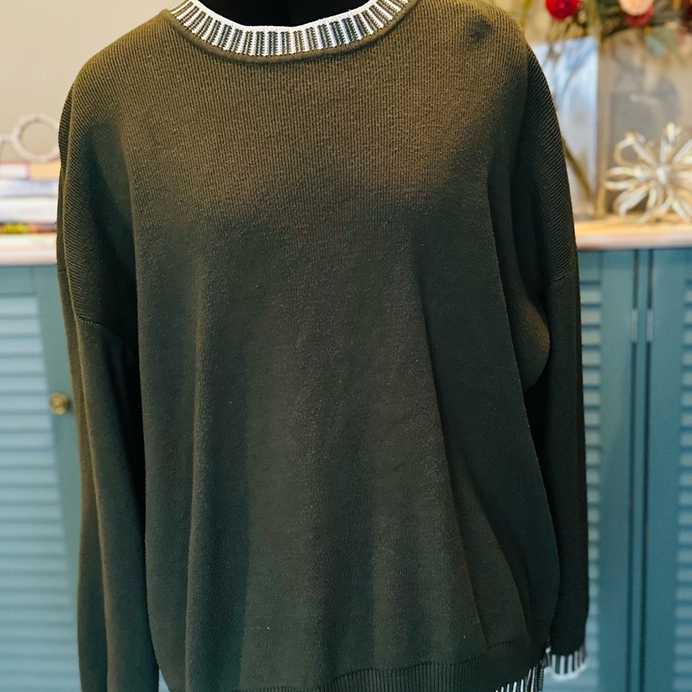 Olive Green and White Striped Women's Sweater